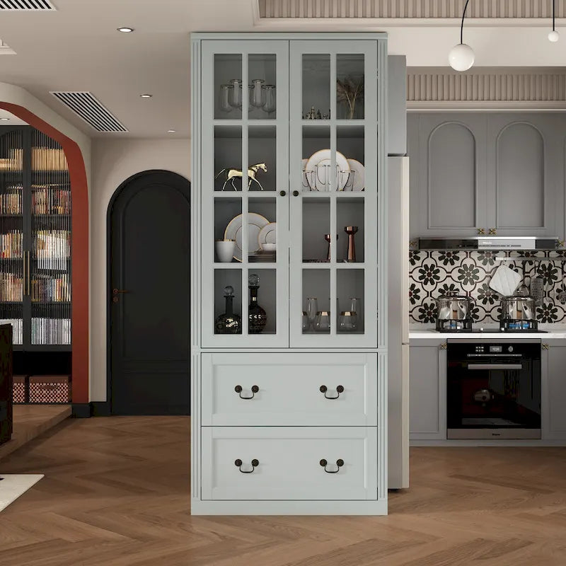 White / Grey / Black Glass Door Combo Bookcase Cabinet, 31.5" / 47.2" / 78.7"W