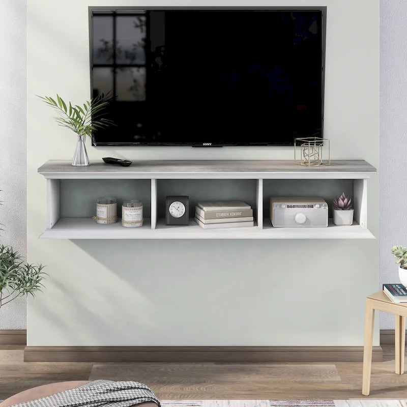 White & Grey Oak / Hickory, Transitional Floating TV Stand, 3-Shelf, Wall-Mount