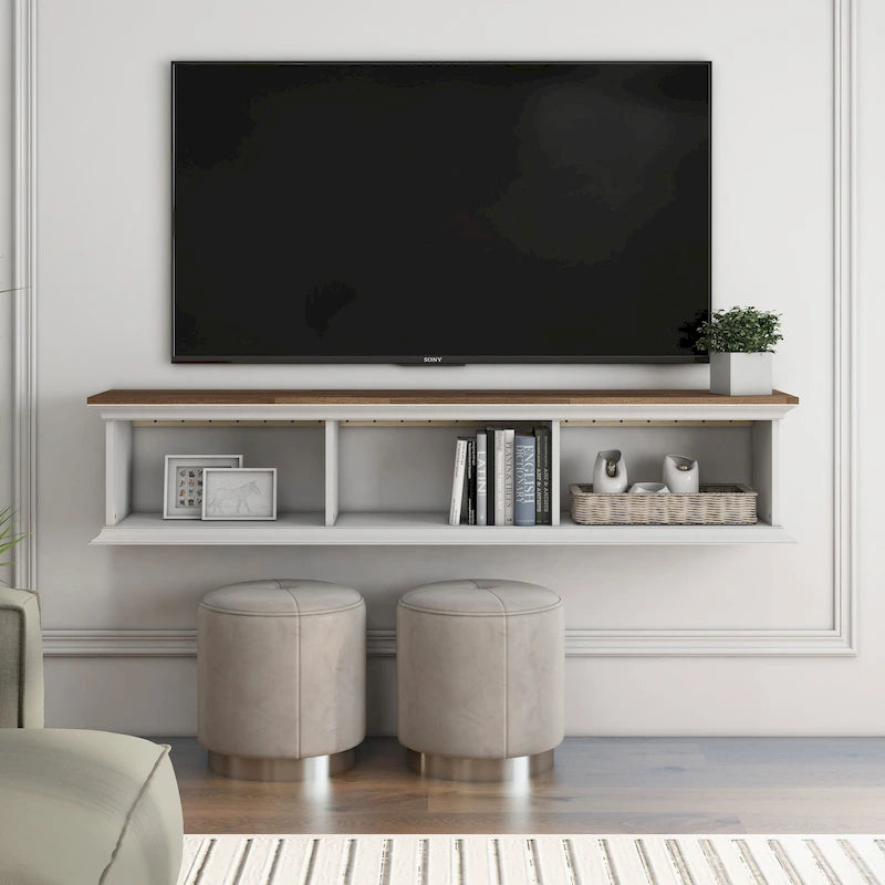 Chêne blanc et gris / Hickory, Meuble TV flottant de style transitoire, 3 étagères, mural