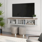 White & Grey Oak / Hickory, Transitional Floating TV Stand, 3-Shelf, Wall-Mount