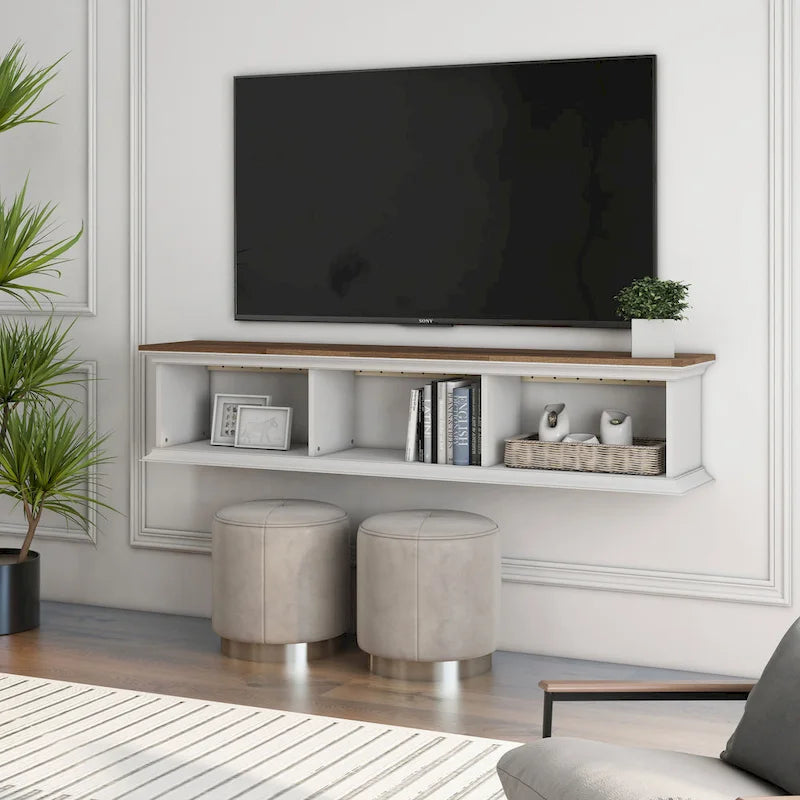 White & Grey Oak / Hickory, Transitional Floating TV Stand, 3-Shelf, Wall-Mount