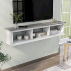White & Grey Oak / Hickory, Transitional Floating TV Stand, 3-Shelf, Wall-Mount