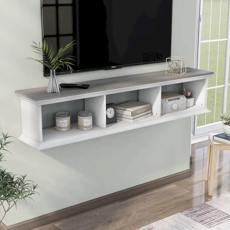 White & Grey Oak / Hickory, Transitional Floating TV Stand, 3-Shelf, Wall-Mount