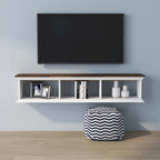 White & Grey Oak / Hickory, Transitional Floating TV Stand, 3-Shelf, Wall-Mount