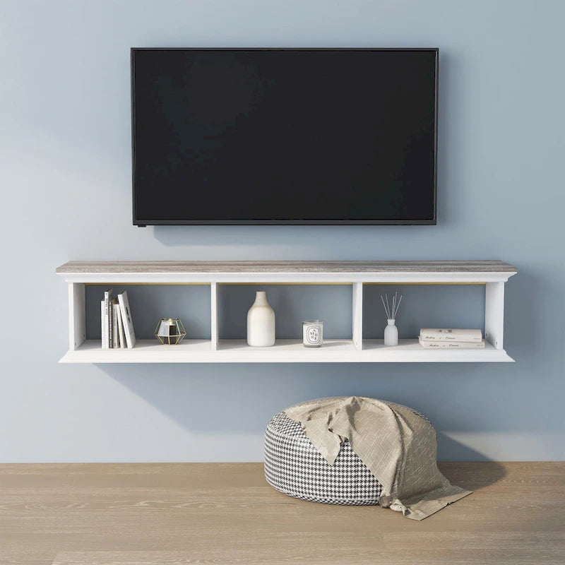White & Grey Oak / Hickory, Transitional Floating TV Stand, 3-Shelf, Wall-Mount