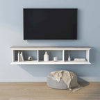White & Grey Oak / Hickory, Transitional Floating TV Stand, 3-Shelf, Wall-Mount