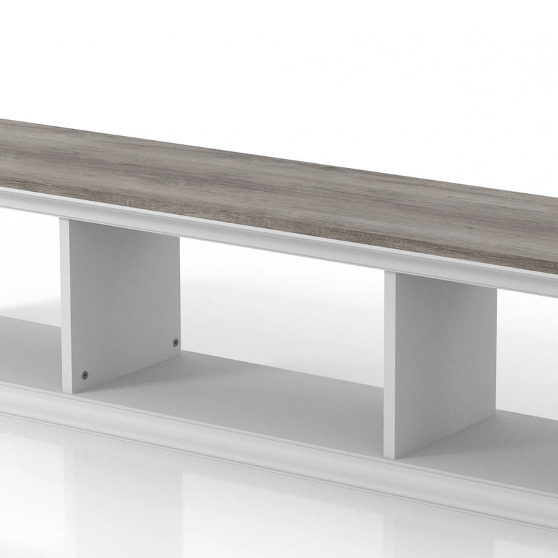 White & Grey Oak / Hickory, Transitional Floating TV Stand, 3-Shelf, Wall-Mount