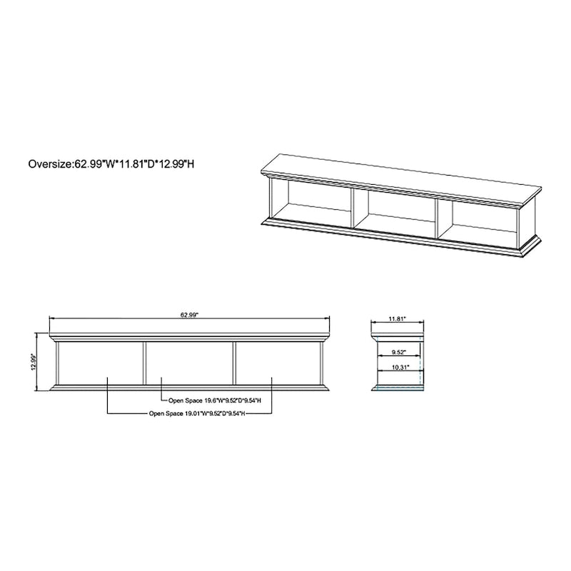 White & Grey Oak / Hickory, Transitional Floating TV Stand, 3-Shelf, Wall-Mount
