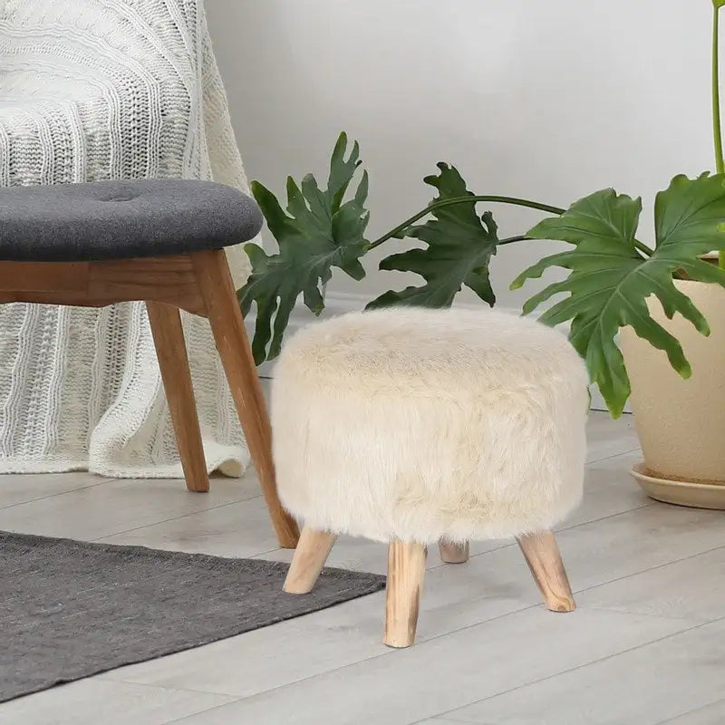 White/Natural/Multi/Brown Linen Round Ottoman Footrest Stool, 1-Person