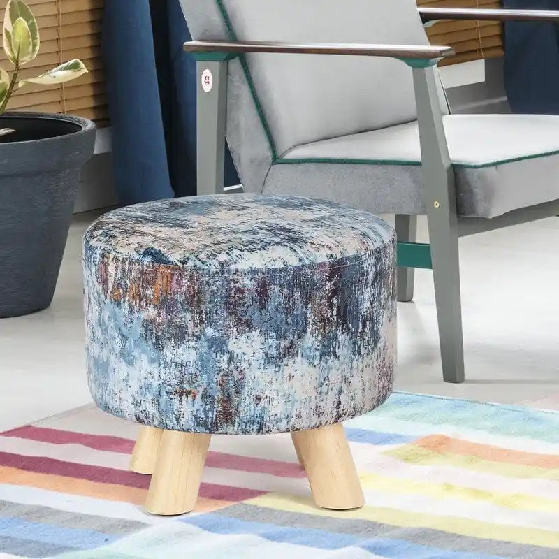White/Natural/Multi/Brown Linen Round Ottoman Footrest Stool, 1-Person
