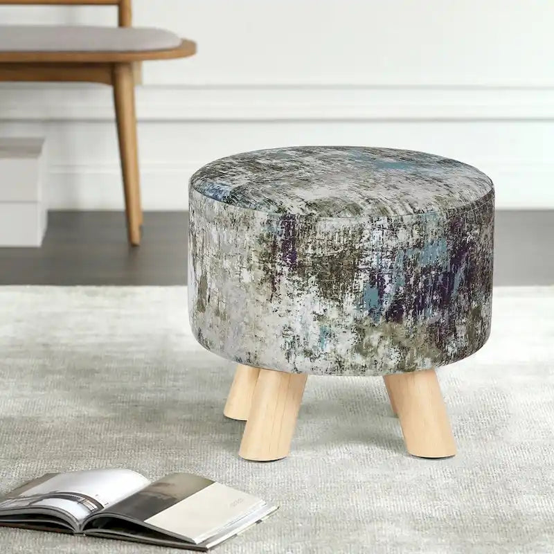 White/Natural/Multi/Brown Linen Round Ottoman Footrest Stool, 1-Person