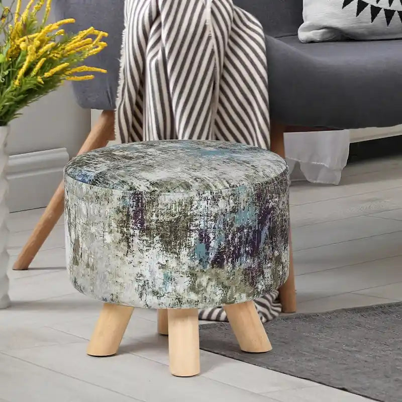 White/Natural/Multi/Brown Linen Round Ottoman Footrest Stool, 1-Person