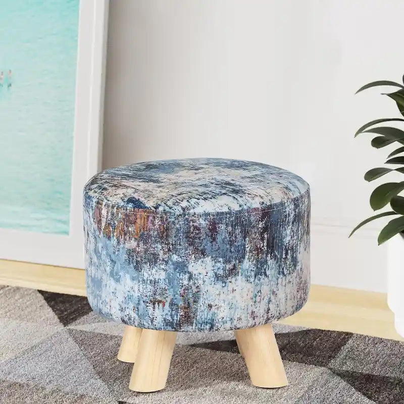 White/Natural/Multi/Brown Linen Round Ottoman Footrest Stool, 1-Person