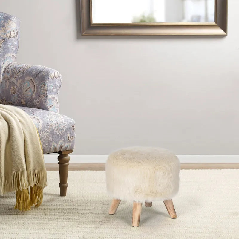 White/Natural/Multi/Brown Linen Round Ottoman Footrest Stool, 1-Person