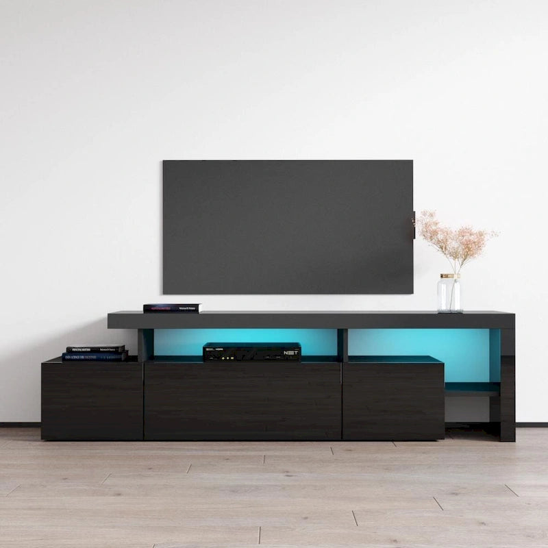 Meuble TV gris / noir / blanc laqué avec lumières LED, compatible avec les téléviseurs jusqu'à 70"