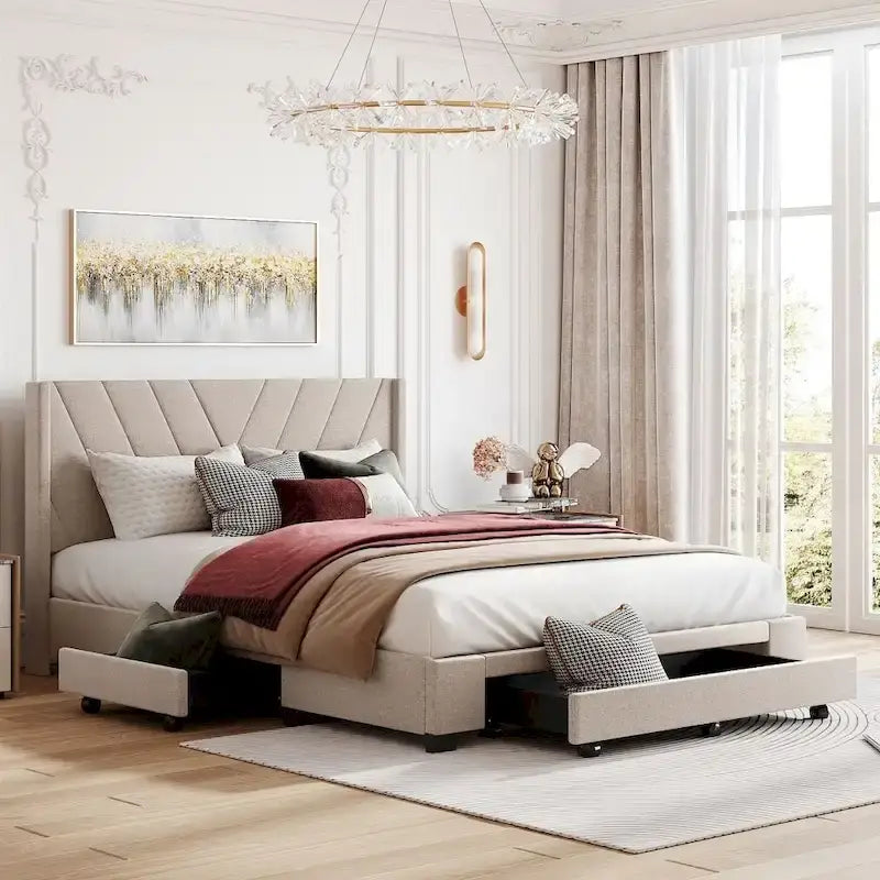 Beige / Pink / Blue / Grey Linen Upholstered Queen Platform Bed with 3 Drawers, for 2