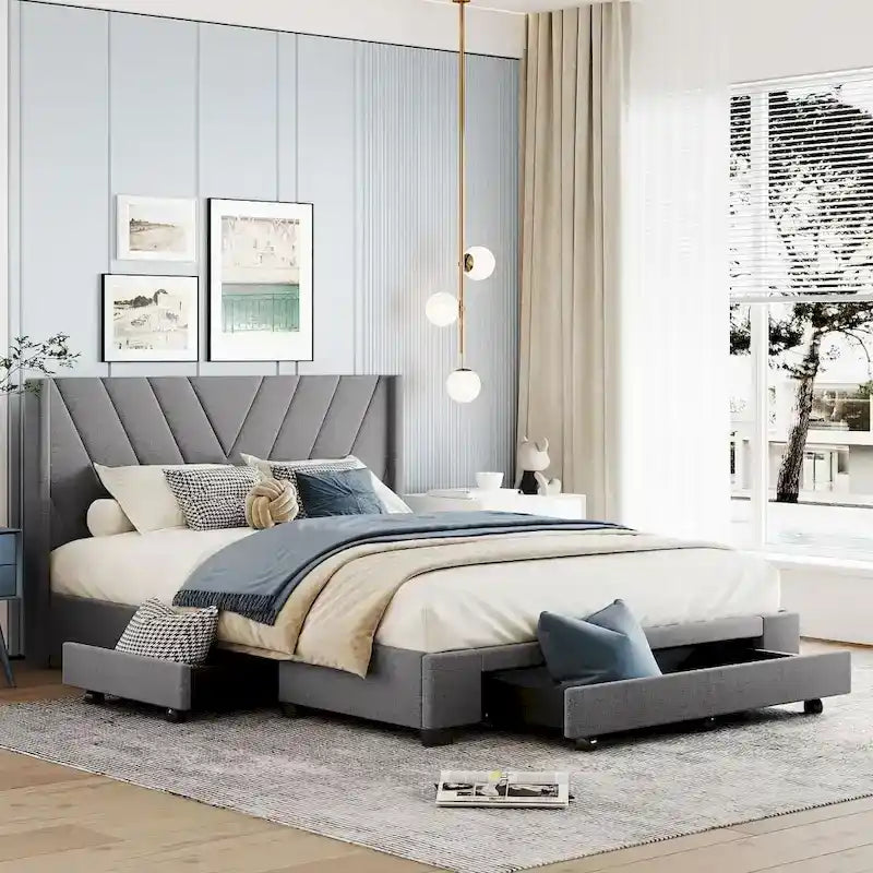 Beige / Pink / Blue / Grey Linen Upholstered Queen Platform Bed with 3 Drawers, for 2