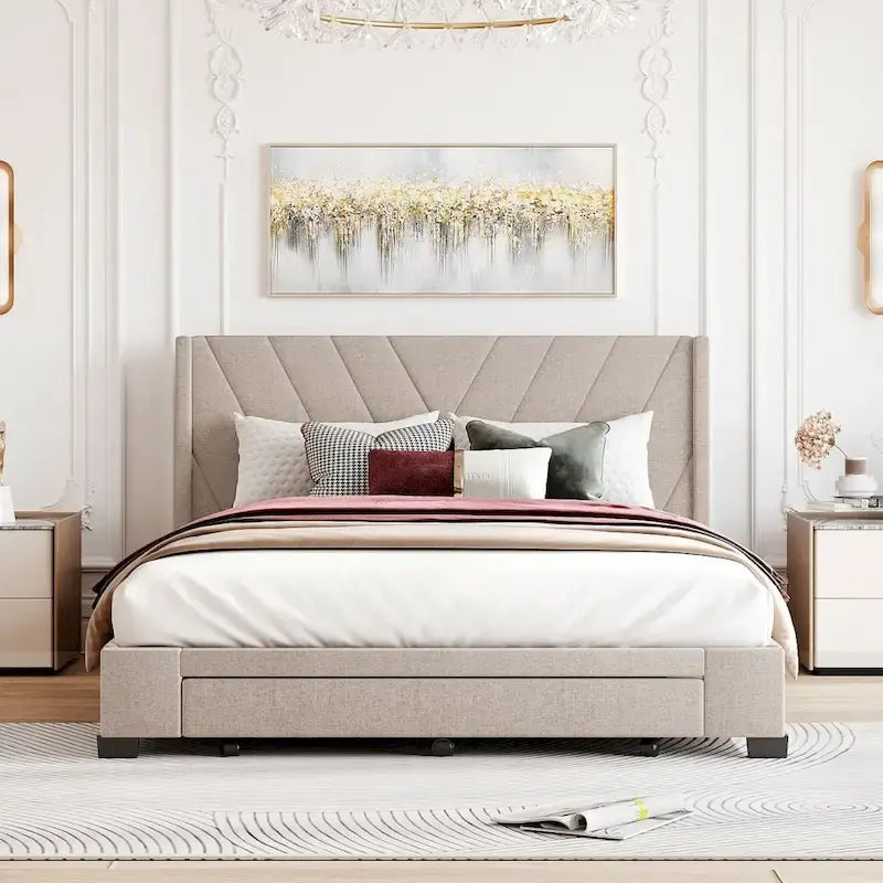 Beige / Pink / Blue / Grey Linen Upholstered Queen Platform Bed with 3 Drawers, for 2