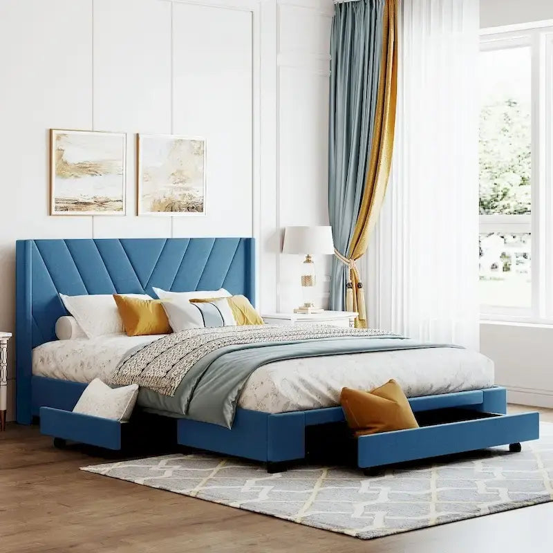 Beige / Pink / Blue / Grey Linen Upholstered Queen Platform Bed with 3 Drawers, for 2