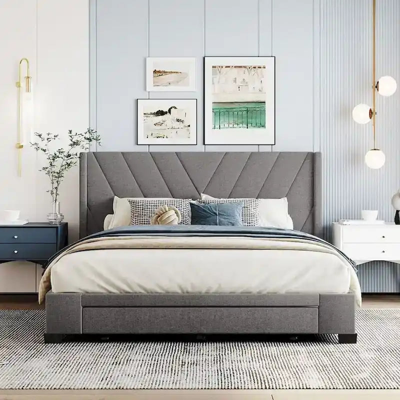 Beige / Pink / Blue / Grey Linen Upholstered Queen Platform Bed with 3 Drawers, for 2