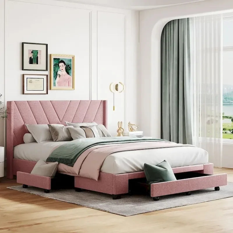 Beige / Pink / Blue / Grey Linen Upholstered Queen Platform Bed with 3 Drawers, for 2