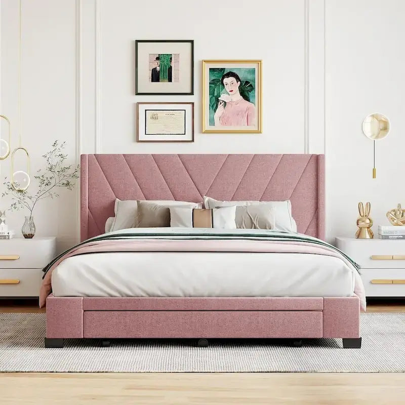 Beige / Pink / Blue / Grey Linen Upholstered Queen Platform Bed with 3 Drawers, for 2