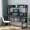Black/Walnut/White Computer Desk with Hutch & Bookshelf, 1-Person