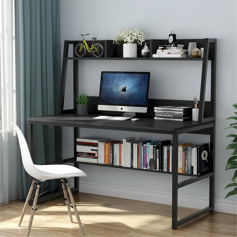 Black/Walnut/White Computer Desk with Hutch & Bookshelf, 1-Person