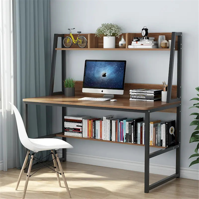 Black/Walnut/White Computer Desk with Hutch & Bookshelf, 1-Person