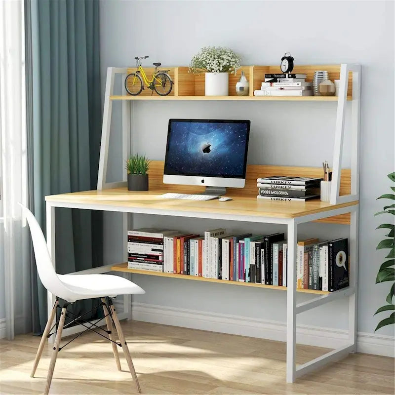 Black/Walnut/White Computer Desk with Hutch & Bookshelf, 1-Person