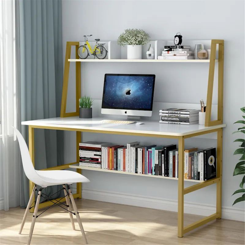 Black/Walnut/White Computer Desk with Hutch & Bookshelf, 1-Person