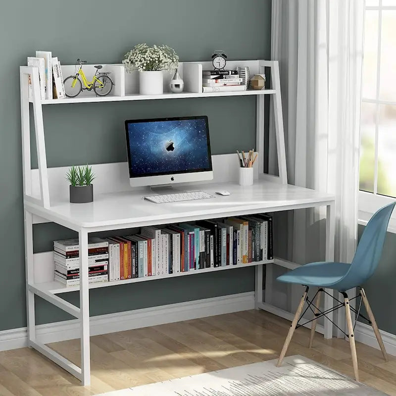 Black/Walnut/White Computer Desk with Hutch & Bookshelf, 1-Person