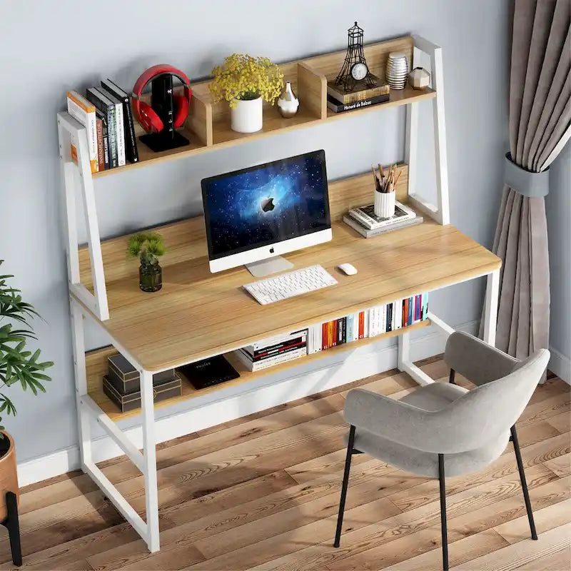 Black/Walnut/White Computer Desk with Hutch & Bookshelf, 1-Person