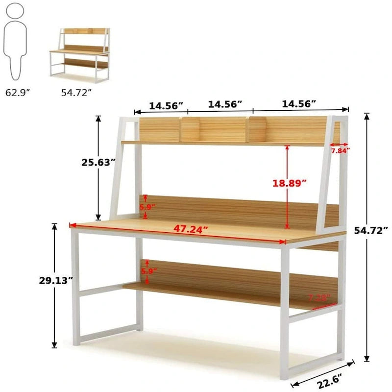 Black/Walnut/White Computer Desk with Hutch & Bookshelf, 1-Person