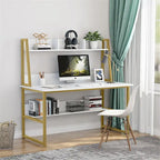 Black/Walnut/White Computer Desk with Hutch & Bookshelf, 1-Person