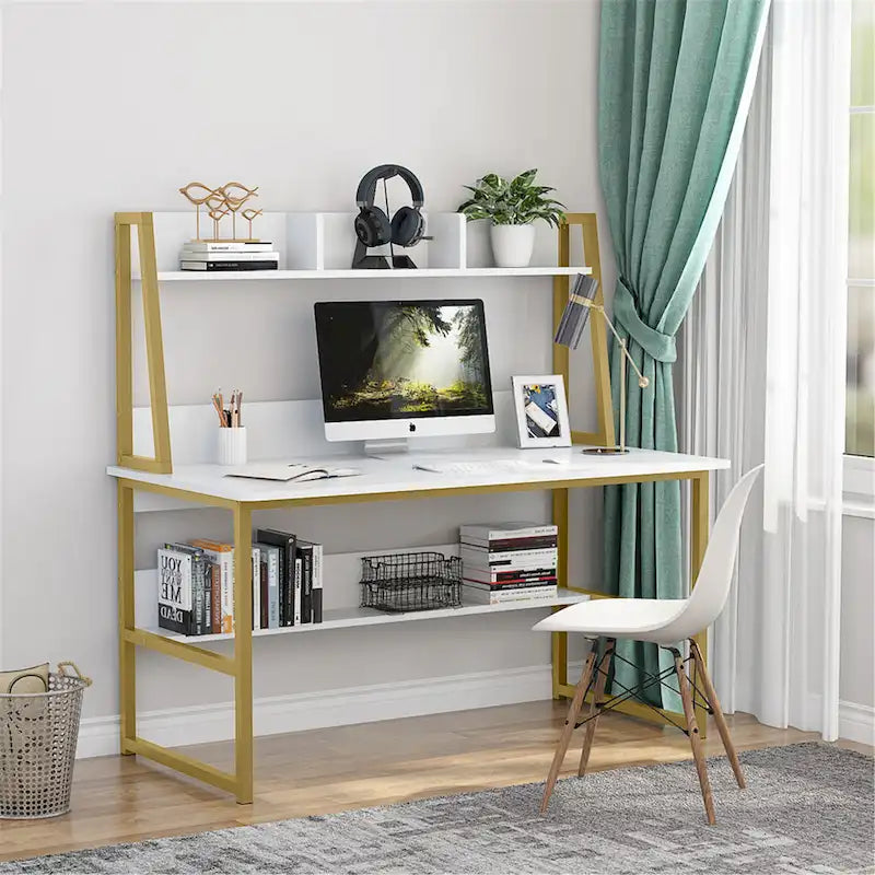 Black/Walnut/White Computer Desk with Hutch & Bookshelf, 1-Person