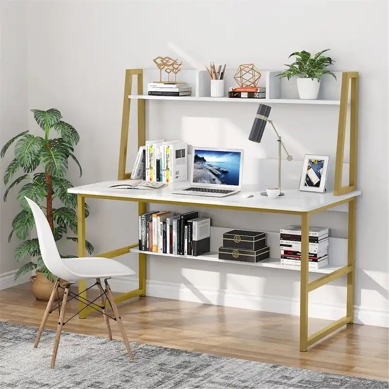 Black/Walnut/White Computer Desk with Hutch & Bookshelf, 1-Person