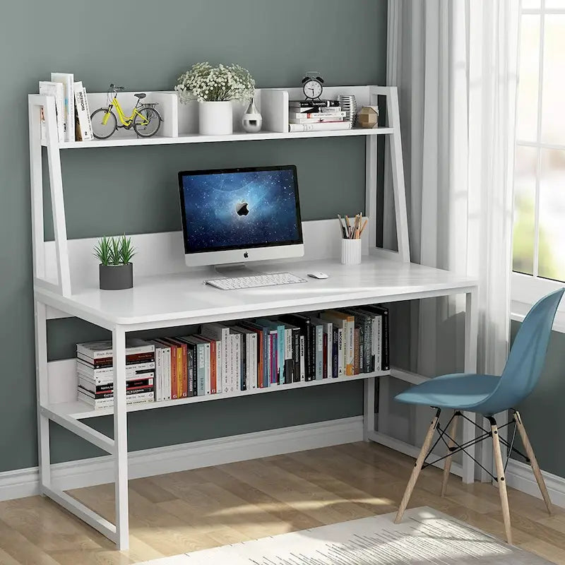 Black/Walnut/White Computer Desk with Hutch & Bookshelf, 1-Person