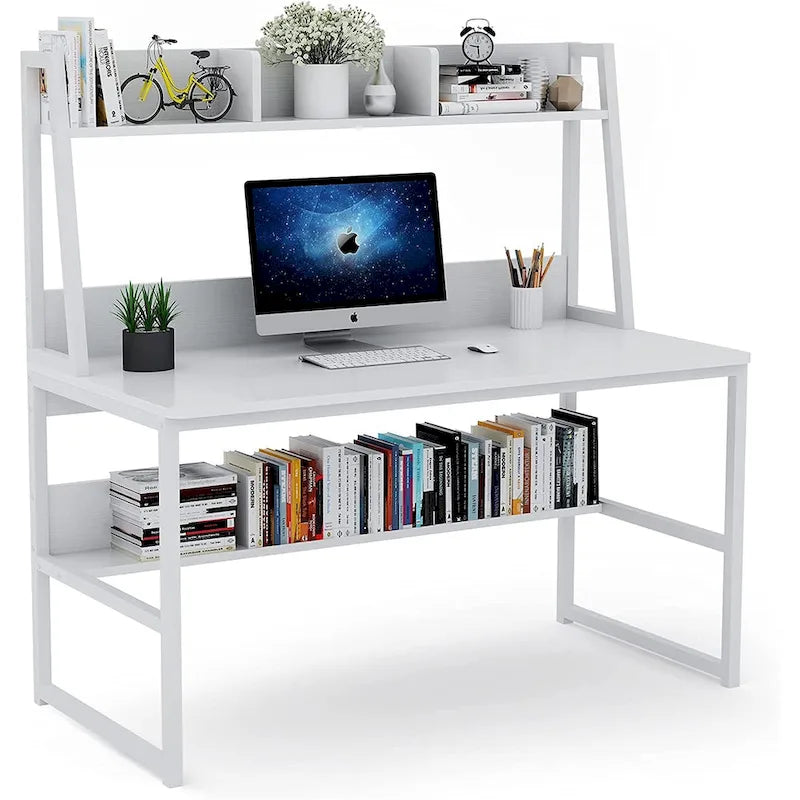Black/Walnut/White Computer Desk with Hutch & Bookshelf, 1-Person