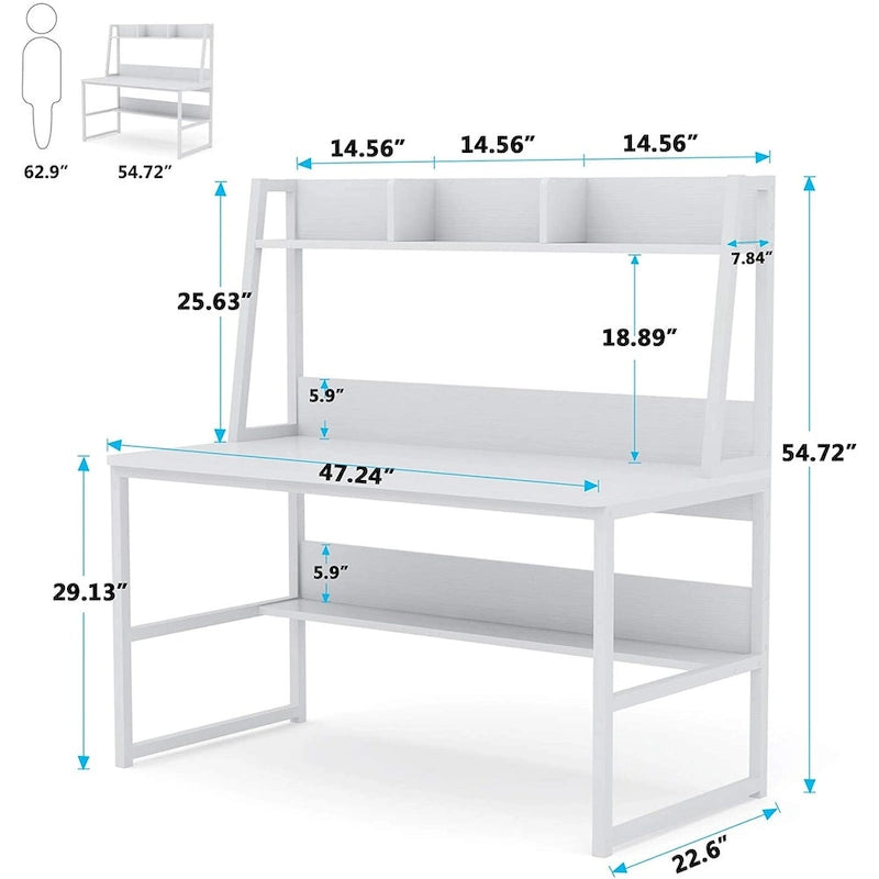 Black/Walnut/White Computer Desk with Hutch & Bookshelf, 1-Person