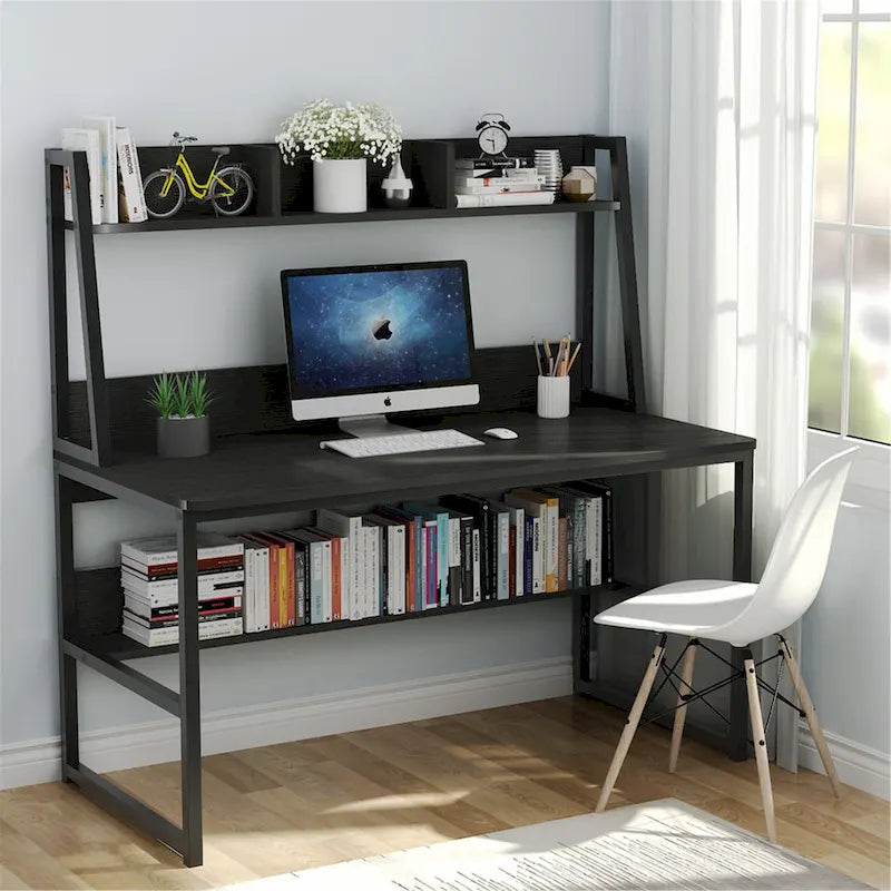 Black/Walnut/White Computer Desk with Hutch & Bookshelf, 1-Person