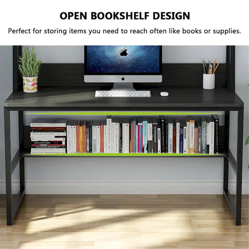 Black/Walnut/White Computer Desk with Hutch & Bookshelf, 1-Person