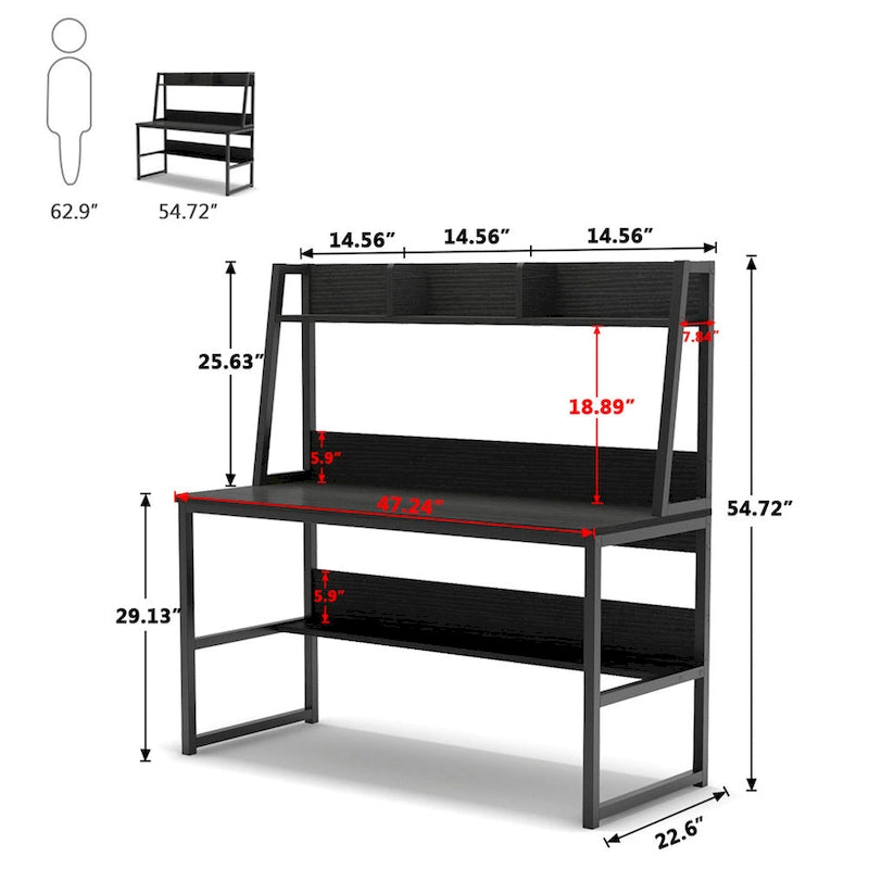 Black/Walnut/White Computer Desk with Hutch & Bookshelf, 1-Person