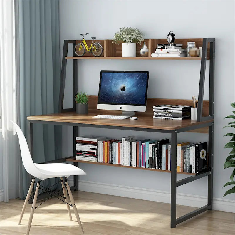 Black/Walnut/White Computer Desk with Hutch & Bookshelf, 1-Person