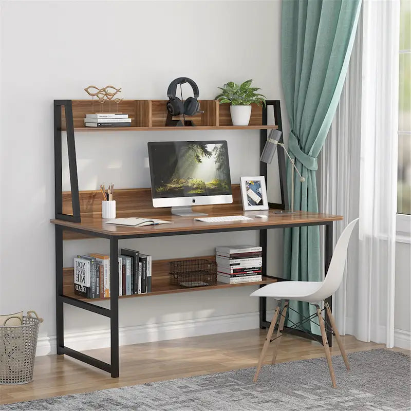 Black/Walnut/White Computer Desk with Hutch & Bookshelf, 1-Person