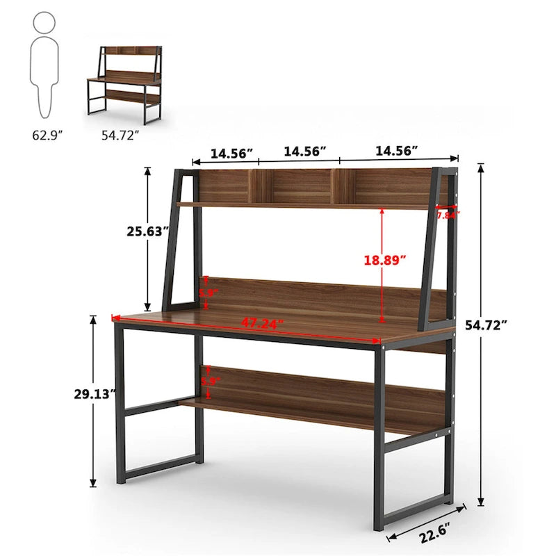 Black/Walnut/White Computer Desk with Hutch & Bookshelf, 1-Person
