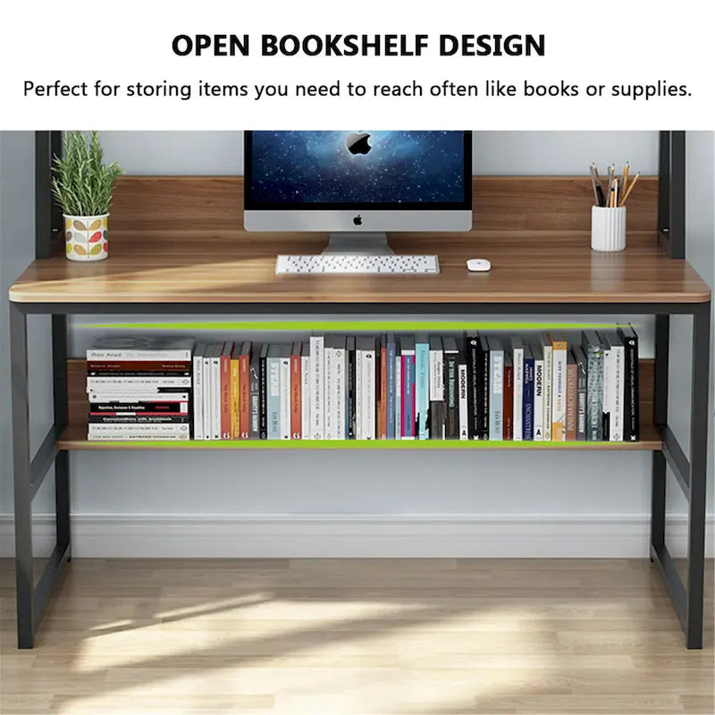 Black/Walnut/White Computer Desk with Hutch & Bookshelf, 1-Person