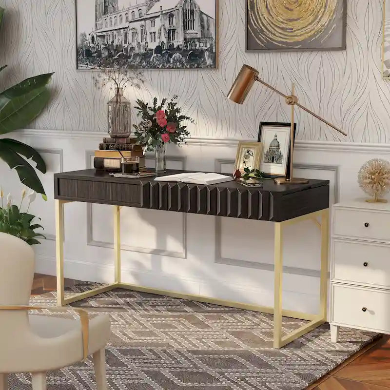 Walnut / Blue / Antique White Art Deco Lift-Top Standing Desk, 1-Person