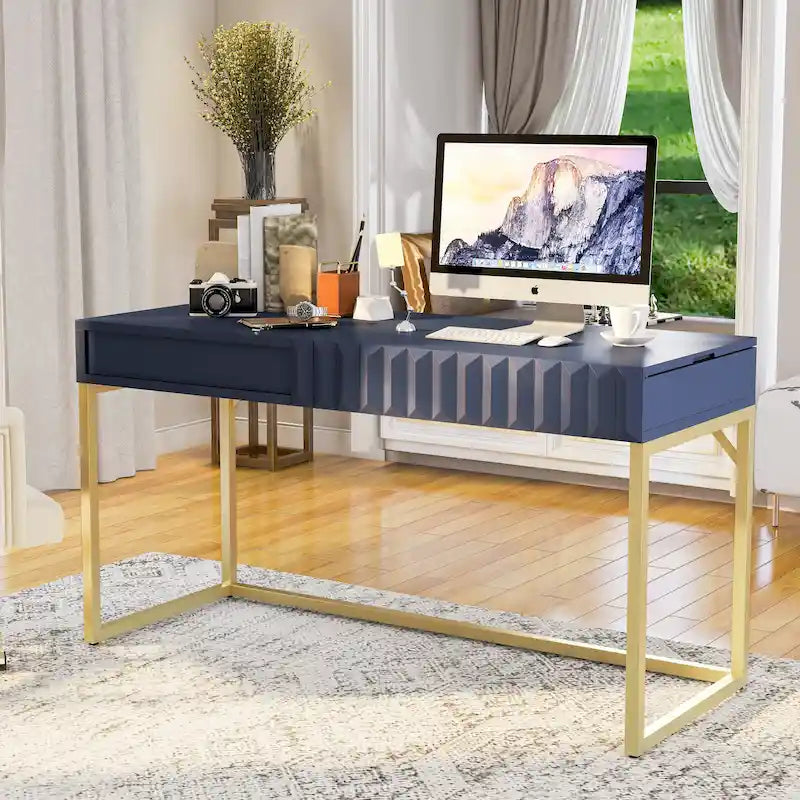 Walnut / Blue / Antique White Art Deco Lift-Top Standing Desk, 1-Person