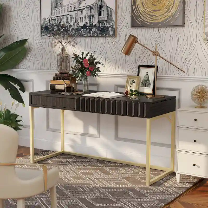Walnut / Blue / Antique White Art Deco Lift-Top Standing Desk, 1-Person